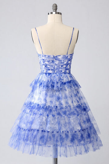 Blue Printed Cut-Out A-Line Tiered Homecoming Dress